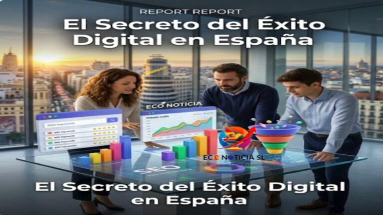 Equipo de expertos de Eco Noticia sl analizando estrategias de SEO y marketing digital en una oficina moderna en España.