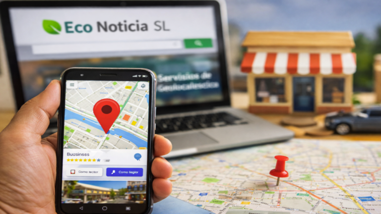 Smartphone mostrando Google Maps con ubicación de empresa, laptop con Eco Noticia SL y mapa físico.