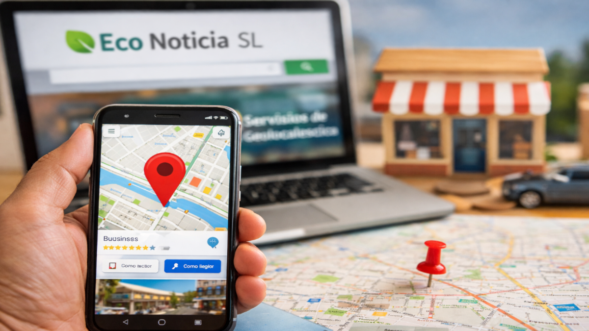 Smartphone mostrando Google Maps con ubicación de empresa, laptop con Eco Noticia SL y mapa físico.