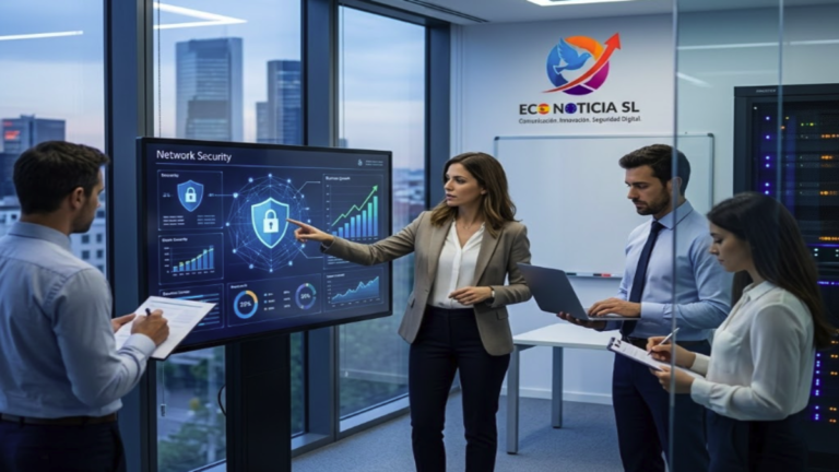 Equipo profesional de Eco Noticia SL analizando soluciones de ciberseguridad y servicios gestionados IT para empresas en España.